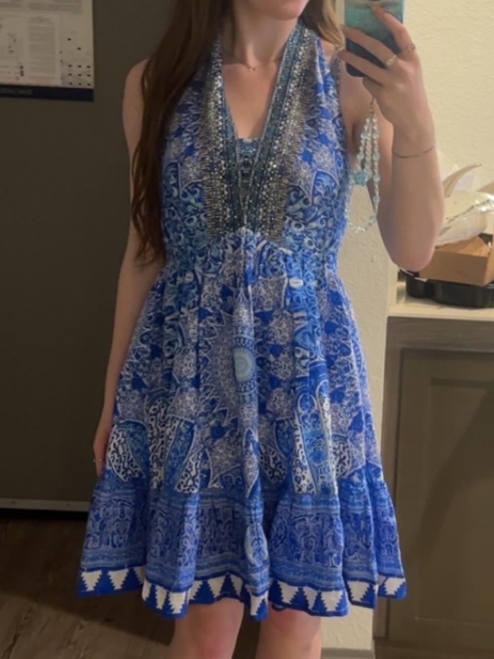 Blue Halter Camilla Dress with Embellished Neckline
